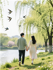 阳春三月情侣户外踏青背影图片