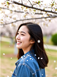 站在樱花虾的牛仔衬衫美女图片