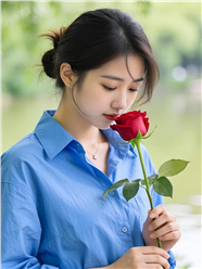 低眸嗅玫瑰花香的蓝色衬衫美女图片