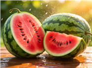 阳光水花下切开的西瓜摄影图片
