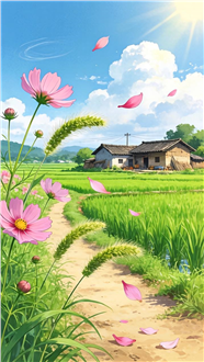 春日乡村卡通风景插画图片