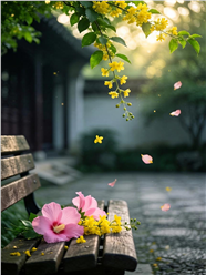 春日长椅鲜花氛围感摄影图片