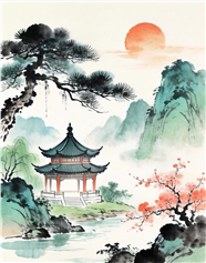 矢量插画风格山水水墨画图片