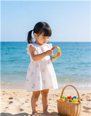 蓝色海边沙滩玩耍的小孩图片