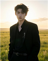 草原时尚文艺感黑色西装帅哥写真图片