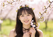 粉色樱花树下微笑的美女图片