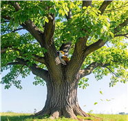 一只鸟栖息在绿色大树上图片