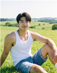 夏日午后草地白色背心帅哥图片