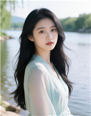 河边长卷发雪纺裙美女写真摄影图片