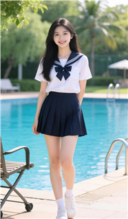 泳池边清新水手服美女写真图片
