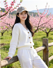 春日美女戴着棒球帽倚靠在木栅栏图片