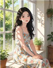 窗台碎花裙少女动漫设计图片