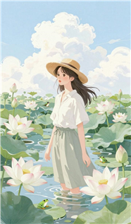 韩系风格夏日荷塘动漫美女插画图片